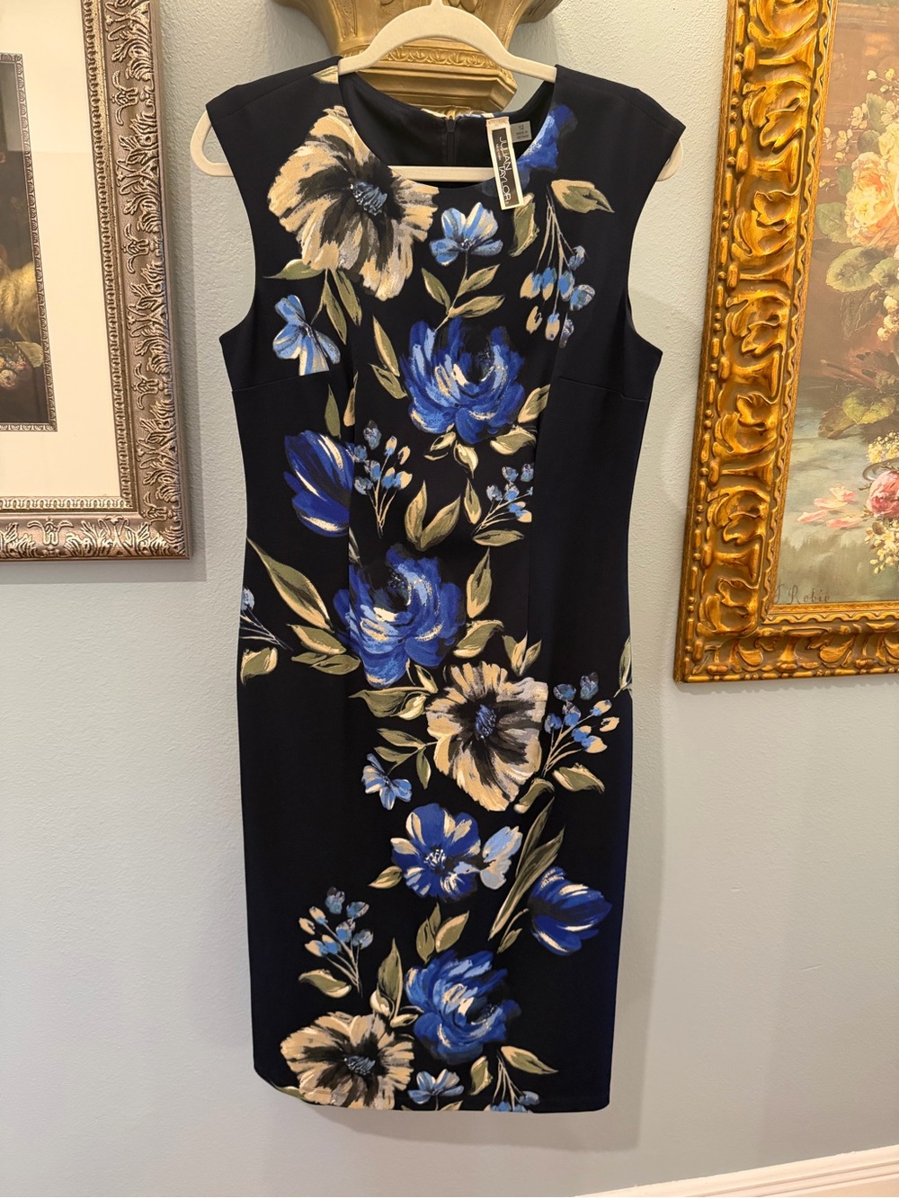Julian Taylor Black Midi Dress with Blue & Cream Floral Print